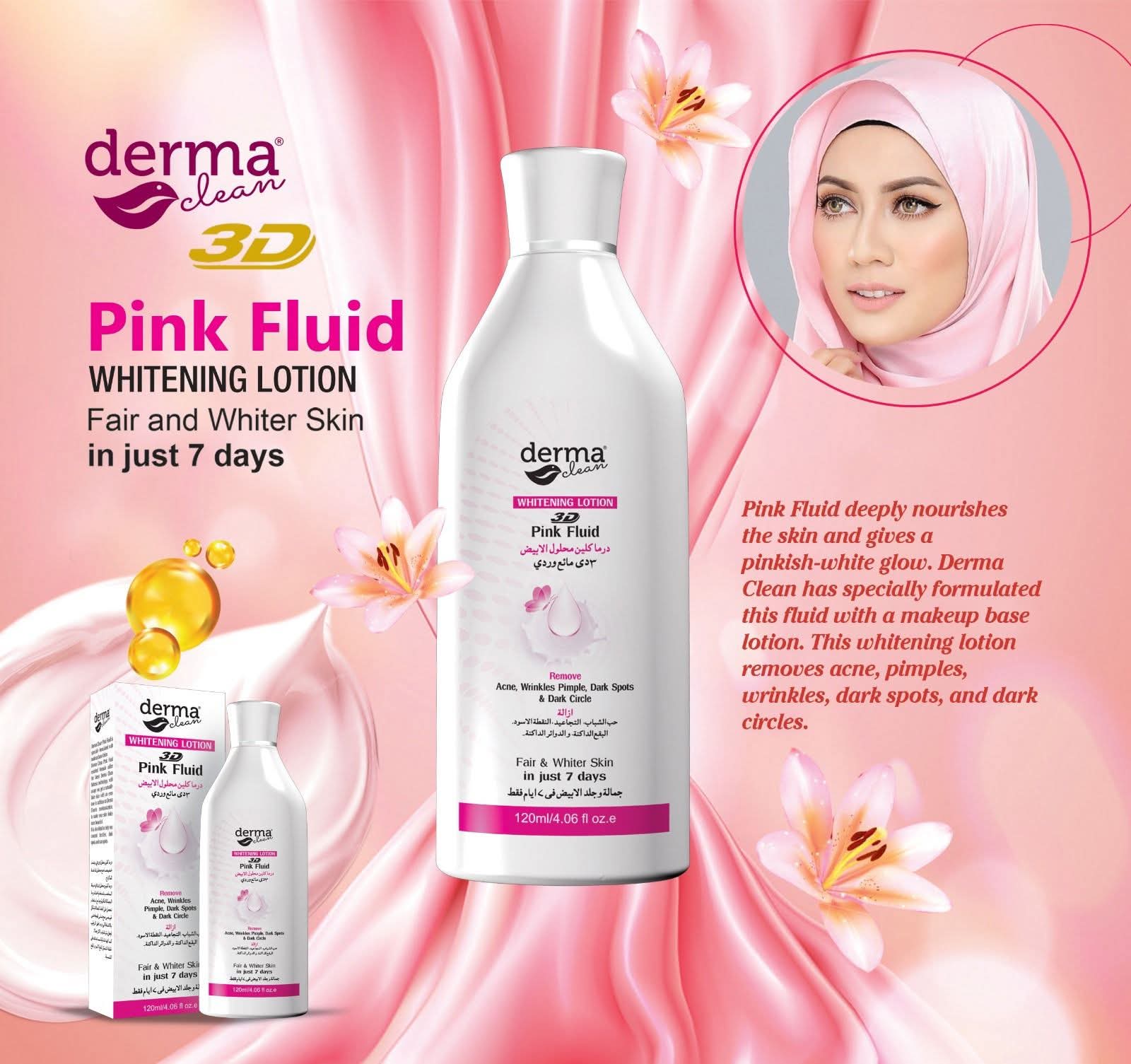 Derma Clean 3D Pink Fluid Whitening Lotion 120ml | Brightening & Moisturizing Face and Body Lotion