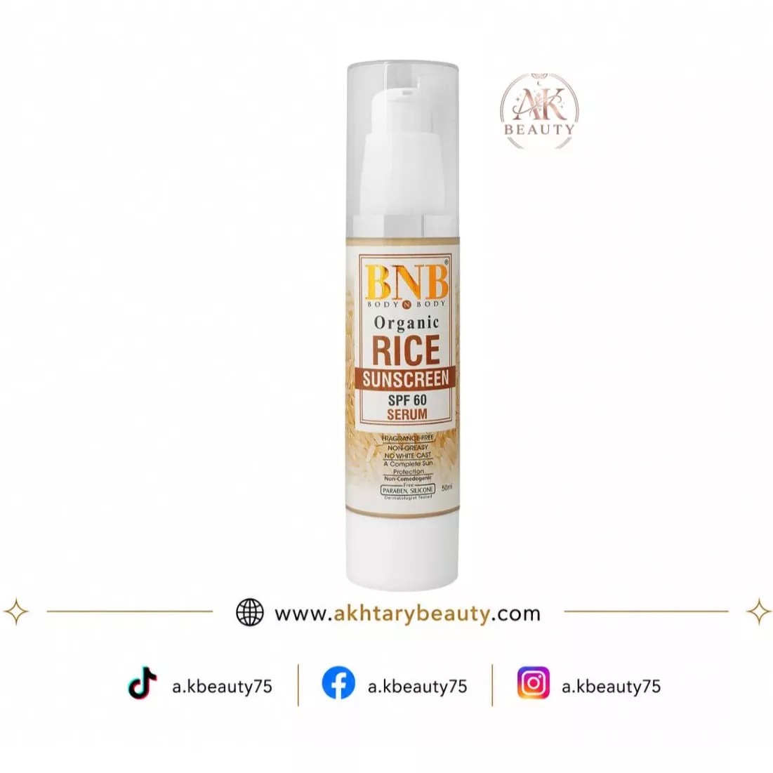 BNB Body N Body Organic Rice Sunscreen Serum SPF 60 50ml | Fragrance-Free Sunscreen Serum for Daily UV Protection