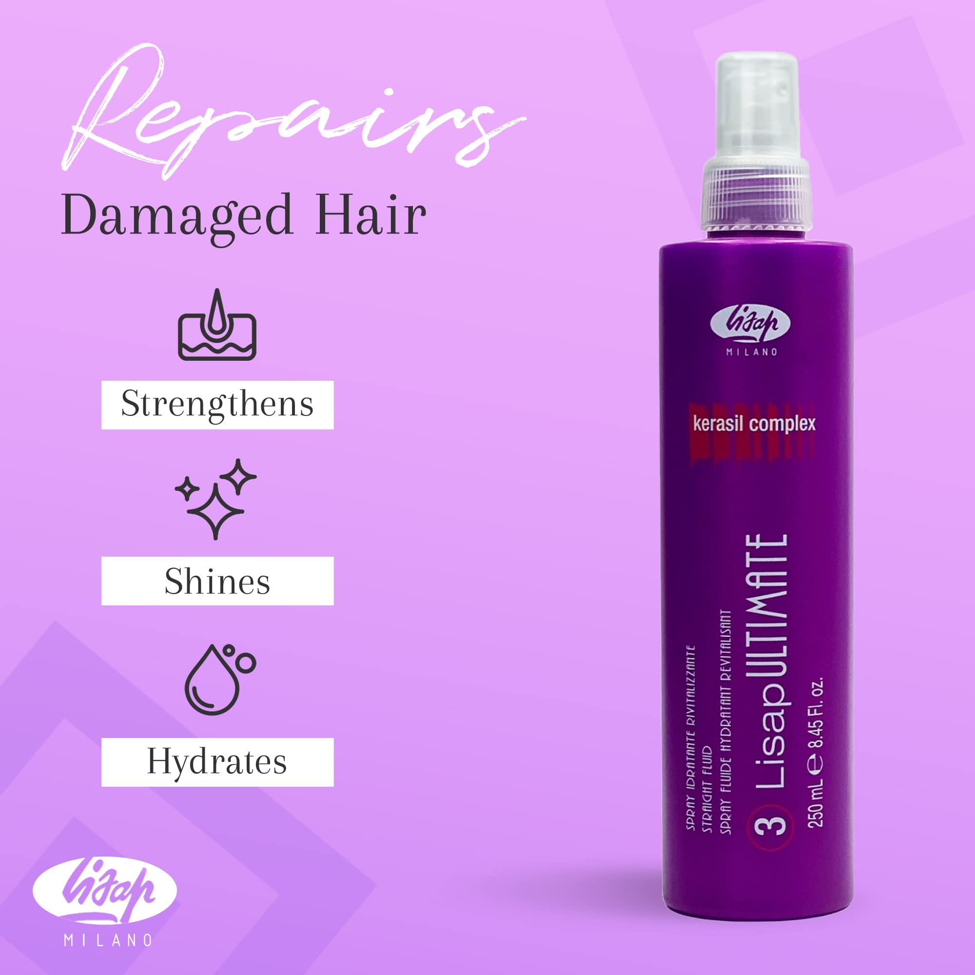 Lisap Milano Kerasil Complex 3 Ultimate Straight Fluid 250ml | Professional Heat Activated Hair Straightening Spray