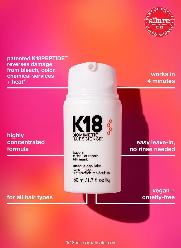 K18 Biomimetic Hairscience Leave-In Molecular Repair Hair Mask 50ml | Professional Leave-In Hair Damage Repair Treatment - 3